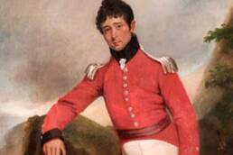 Painting of a man with dark curly hair wearing a red military uniform