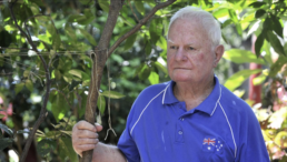 White haired man wearing a blue polo shirt with a small Australian flag near the collar with his hand wrapped around a small tree