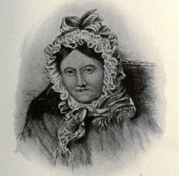 Headshot pencil sketch of a woman wearing a frilly bonnet with a bow on top