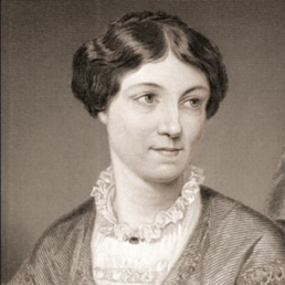Black and white illustration of a young woman with wavy hair wearing a white blouse with a frilled high-neck collar