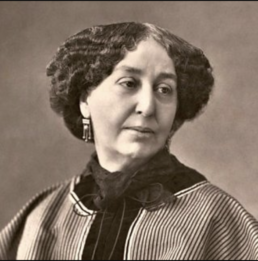 Black and white headshot of a sombre woman wearing a striped blouse, lacy scarf and earrings