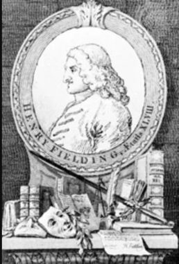 Black and white illustration of books, drama mask and sword on a shelf with a man's portrait above