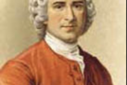 Portrait painting of a young man wearing a curly white wig, red jacket and white high-collared shirt
