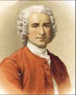 Portrait painting of a young man wearing a curly white wig, red jacket and white high-collared shirt