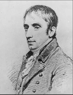 Pencil sketch of a short-haired man with sideburns wearing a high-collared jacket