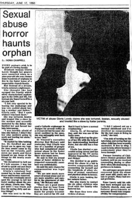 A news article with the headline Sexual Abuse Horror Haunts Orphan and a silhouette of a woman holding a teacup
