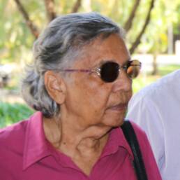 Headshot of a woman with short grey hair wearing sunglasses and a pink collared shirt looking away from the camera.