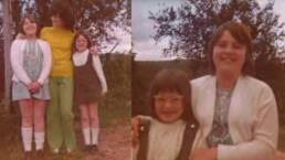 Two blurry, side by side images, One with with a woman in a yellow top and green pants standing next to two young girls wearing dresses. The second image is a close up of two smiling young girls with trees in the background