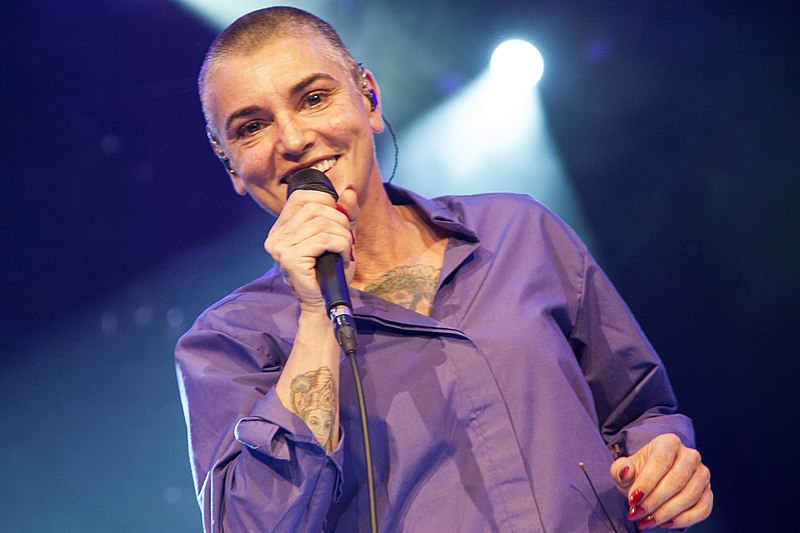 Headshot of a smiling woman with a buzz cut wearing a purple blouse and holding a microphone.